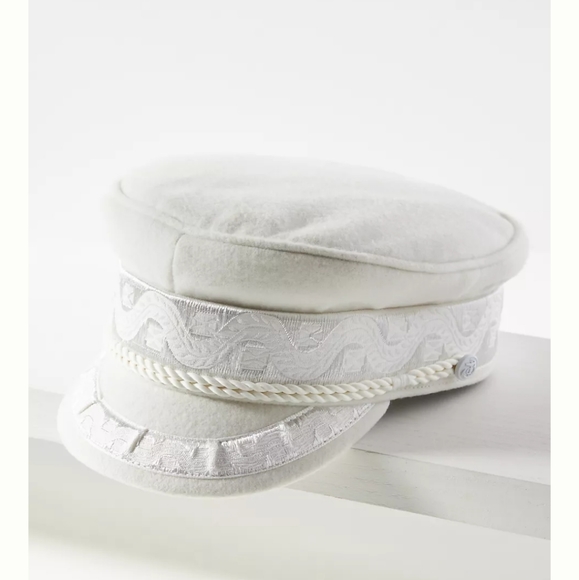 Anthropologie Rivera Engineer Hat in white Blue and White Railroad Engineer Train Conductor Adult Hat  main image 2